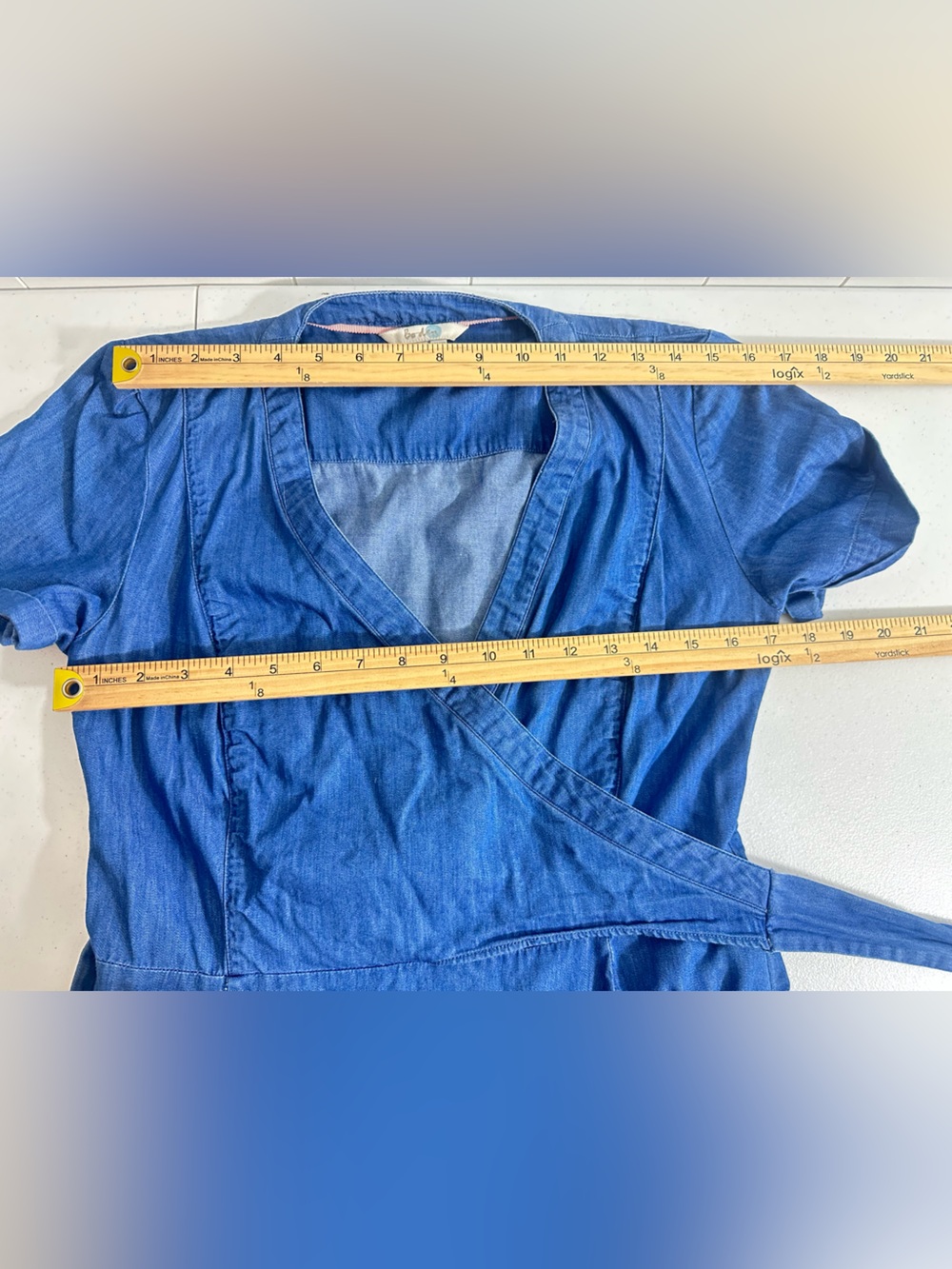 Boden Sz 8R Denim Fit & Flare Faux Wrap Cotton Dress Women’s Blue Short Sleeve - Picture 13 of 15